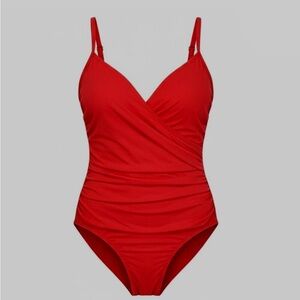Jantzen Vibrant Red Surplice Faux Wrap One-Piece Swimsuit Ruching Size L